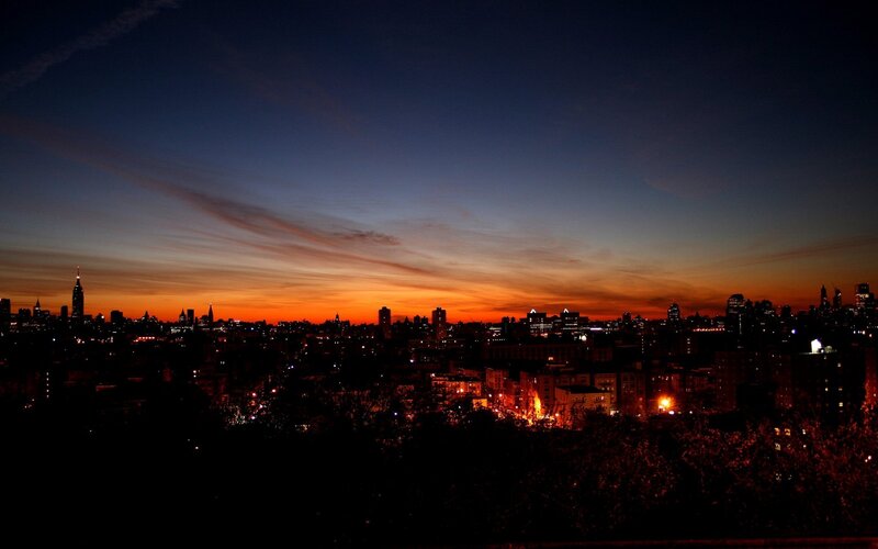City Skyline at Dusk — Orange, Dramatic, Sunset, Photograph, Skyscraper
