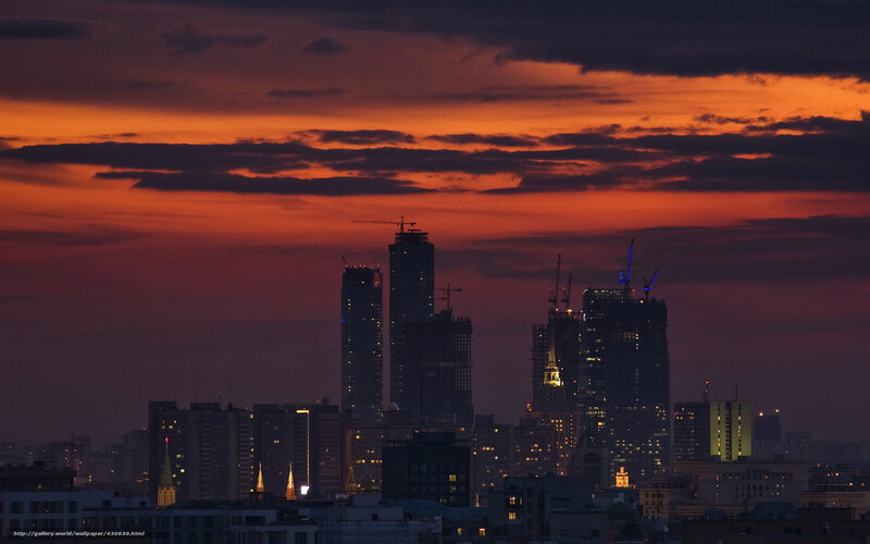 City Skyline at Dusk — Orange, Dramatic, Sunset, Photograph, Skyscrapers, Construction Cranes
