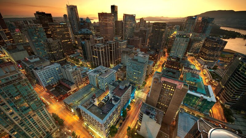 City Skyline at Dusk — Orange, Dramatic, Sunset, Photograph, Skyscrapers, Roads