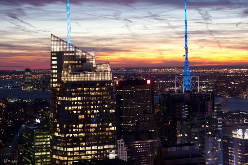 City Skyline at Dusk — Orange, Dramatic, Sunset, Photograph, Skyscrapers, Tower