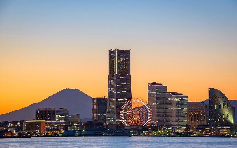 City Skyline at Dusk — Orange, Serene, Sunset, Photograph, Mountain