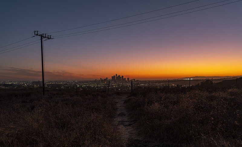City Skyline at Dusk — Orange, Serene, Sunset, Photograph, Power Line Pole