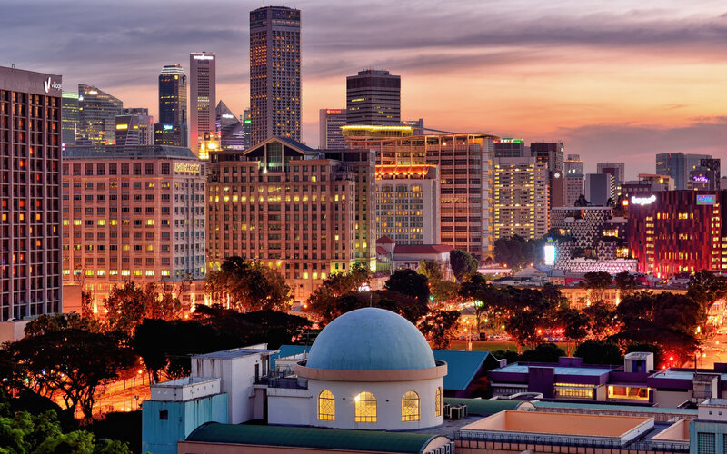 City Skyline at Dusk — Orange, Serene, Sunset, Photograph