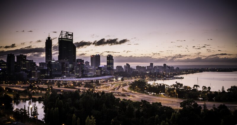 City Skyline at Dusk — Purple, Calm, Sunset, Photograph, Skyscraper