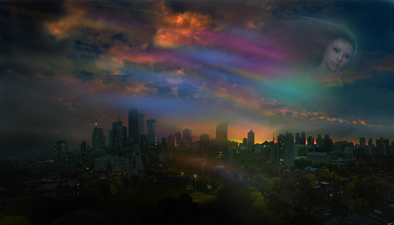 City Skyline at Dusk — Purple, Dramatic, Night, Digital Art