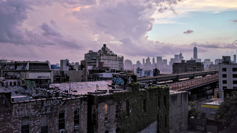 City Skyline at Dusk — Purple, Dramatic, Sunset, Photograph, Buildings, Bridge