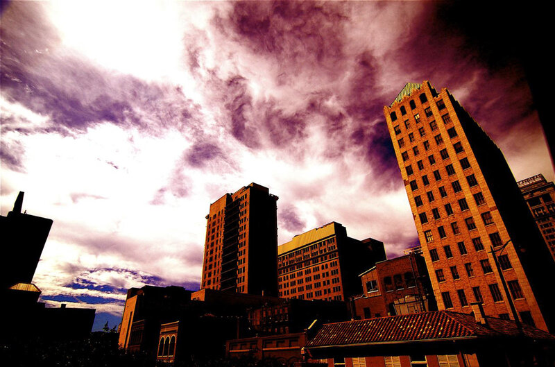 City Skyline at Dusk — Purple, Dramatic, Sunset, Photograph, Buildings, Clouds, Sky