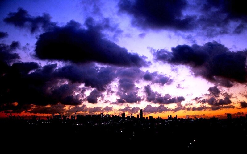 City Skyline at Dusk — Purple, Dramatic, Sunset, Photograph, Clouds