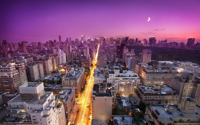 City Skyline at Dusk — Purple, Dramatic, Sunset, Photograph, Moon