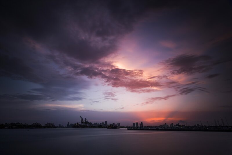 City Skyline at Dusk — Purple, Dramatic, Sunset, Photograph, Sky