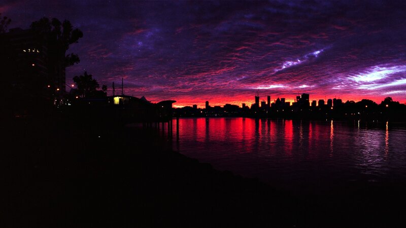 City Skyline at Dusk — Purple, Dramatic, Sunset, Photograph, Sky, Water