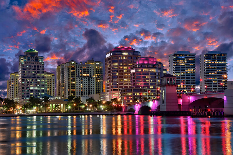 City Skyline at Dusk — Purple, Dramatic, Sunset, Photograph, Skyscraper, Bridge