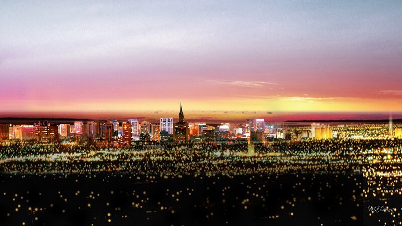 City Skyline at Dusk — Purple, Dramatic, Sunset, Photograph, Skyscraper, Buildings