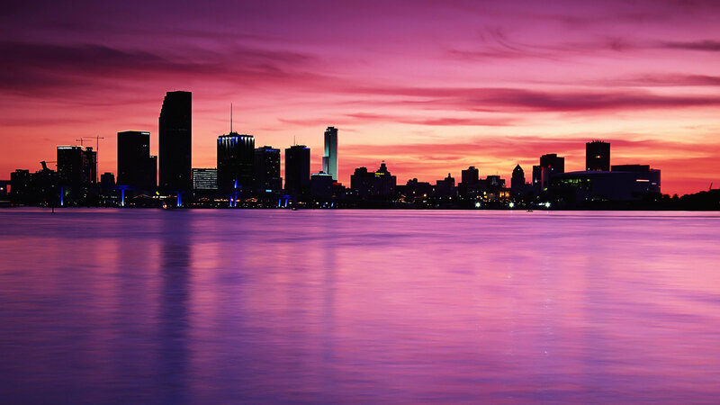 City Skyline at Dusk — Purple, Dramatic, Sunset, Photograph, Skyscraper