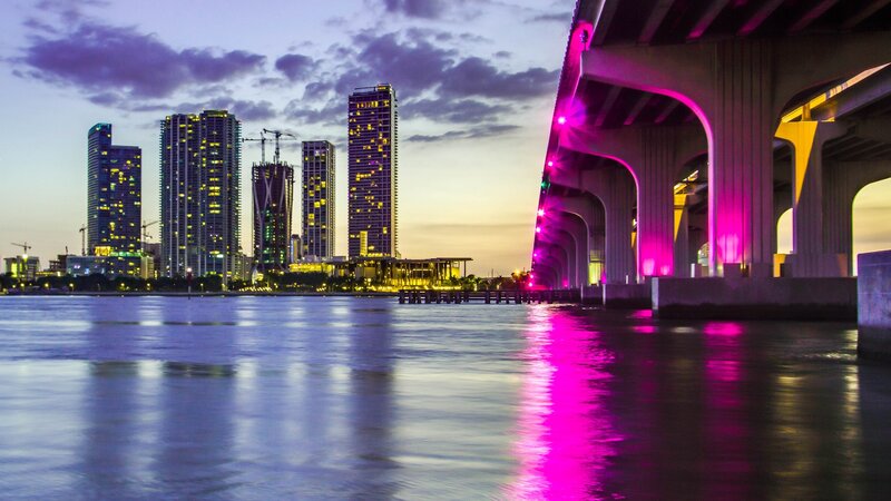 City Skyline at Dusk — Purple, Dramatic, Sunset, Photograph, Skyscrapers, Bridge
