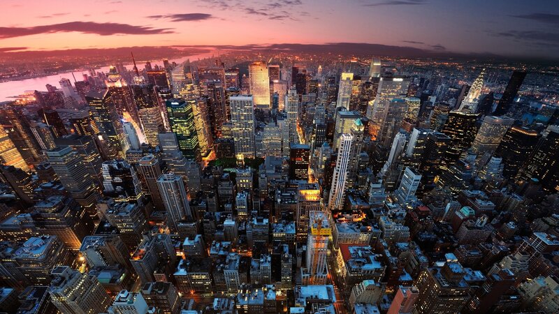 City Skyline at Dusk — Purple, Dramatic, Sunset, Photograph, Skyscrapers, River, Sky