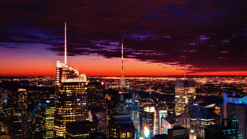 City Skyline at Dusk — Purple, Dramatic, Sunset, Photograph, Skyscrapers, Sky