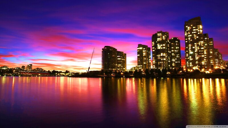 City Skyline at Dusk — Purple, Dramatic, Sunset, Photograph, Skyscrapers