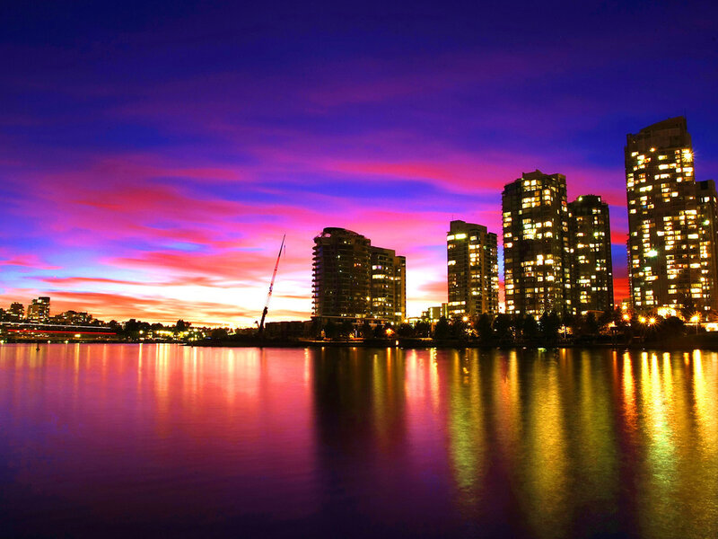 City Skyline at Dusk — Purple, Dramatic, Sunset, Photograph