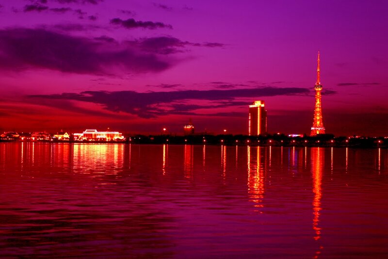 City Skyline at Dusk — Purple, Dramatic, Sunset, Photograph, Tower