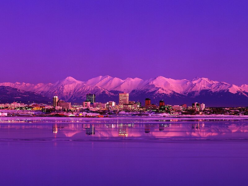 City Skyline at Dusk — Purple, Serene, Night, Photograph