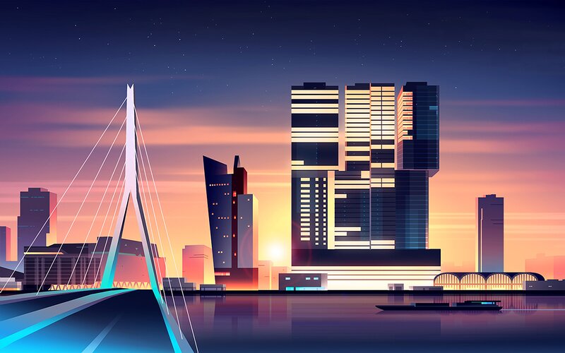City Skyline at Dusk — Purple, Serene, Sunset, Digital Art, Bridge