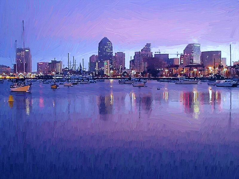 City Skyline at Dusk — Purple, Serene, Sunset, Painting