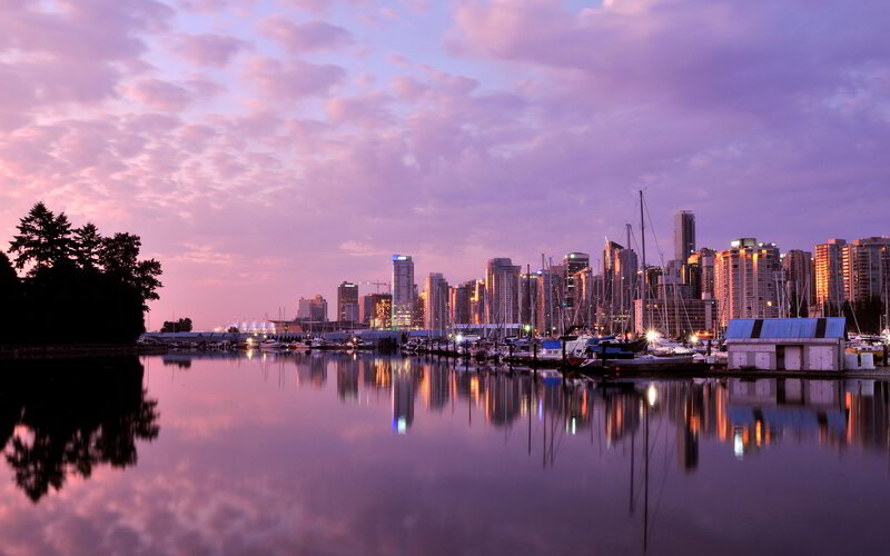 City Skyline at Dusk — Purple, Serene, Sunset, Photograph, Skyscraper