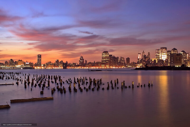 City Skyline at Dusk — Purple, Serene, Sunset, Photograph, Skyscraper, Water, Pilings