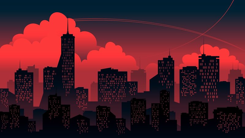 City Skyline at Dusk — Red, Dramatic, Night, Digital Art