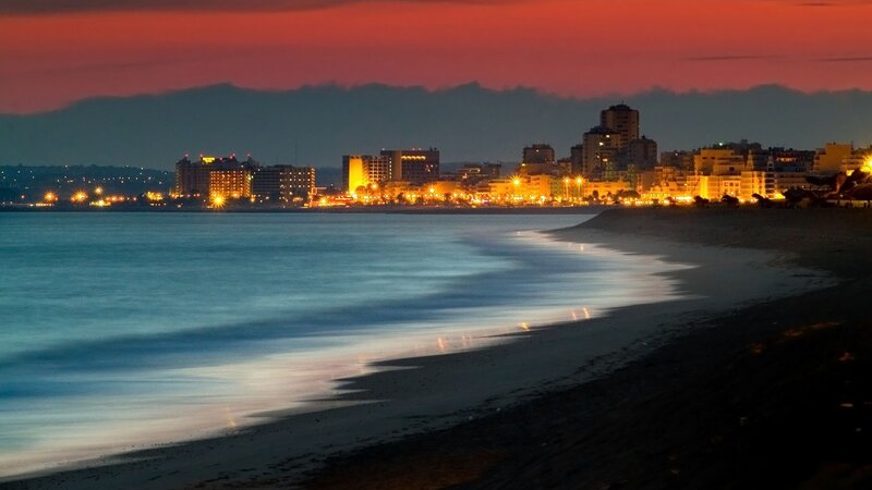 City Skyline at Dusk — Red, Dramatic, Night, Photograph, Beach