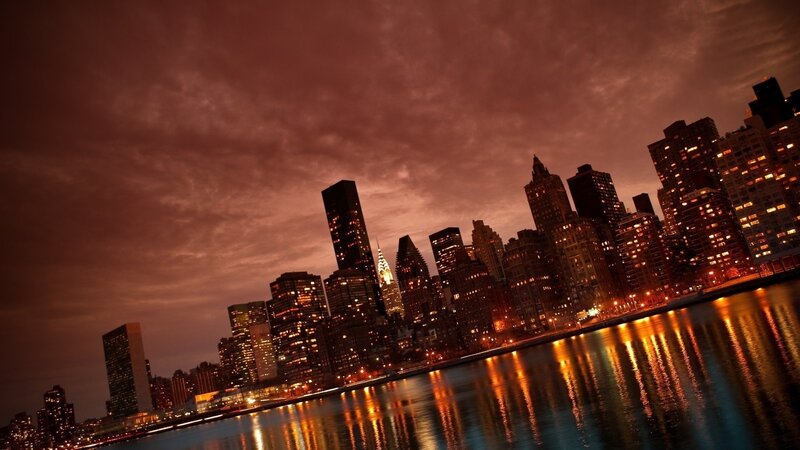 City Skyline at Dusk — Red, Dramatic, Night, Photograph