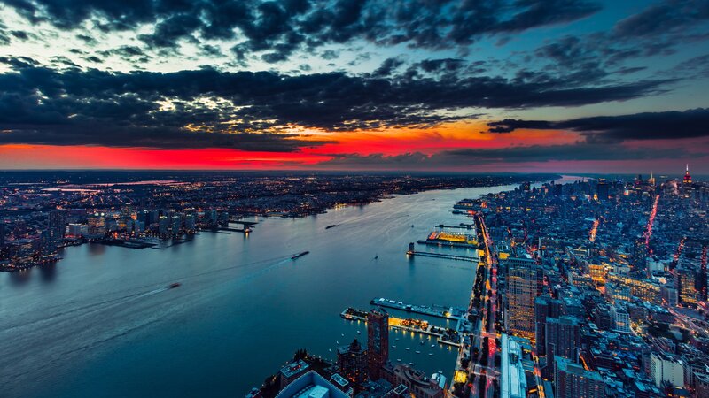 City Skyline at Dusk — Red, Dramatic, Sunset, Photograph, River