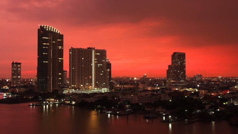 City Skyline at Dusk — Red, Dramatic, Sunset, Photograph