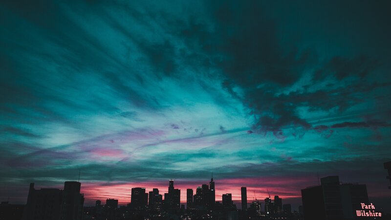 City Skyline at Dusk — Teal, Dramatic, Sunset