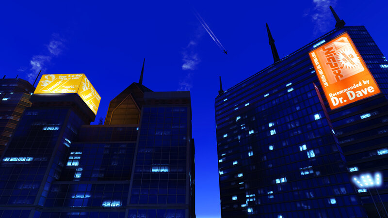 City skyline at dusk with billboards