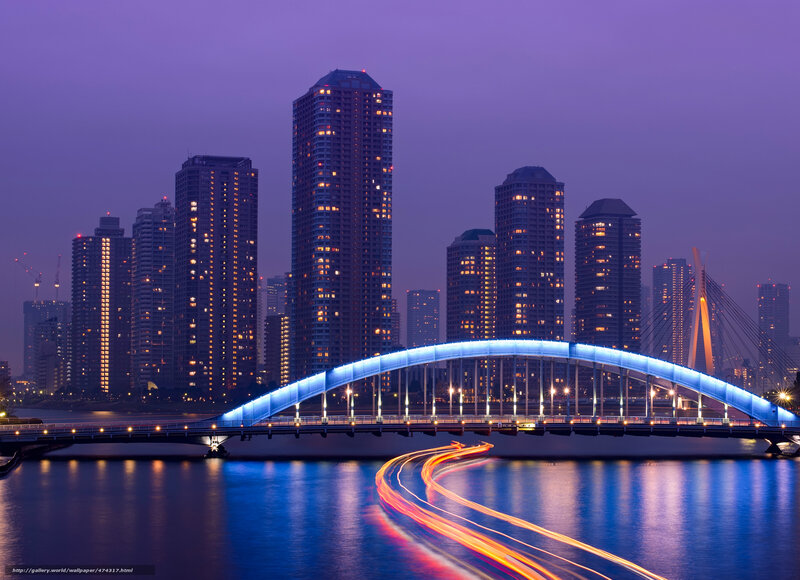 City skyline at dusk with illuminated bridge