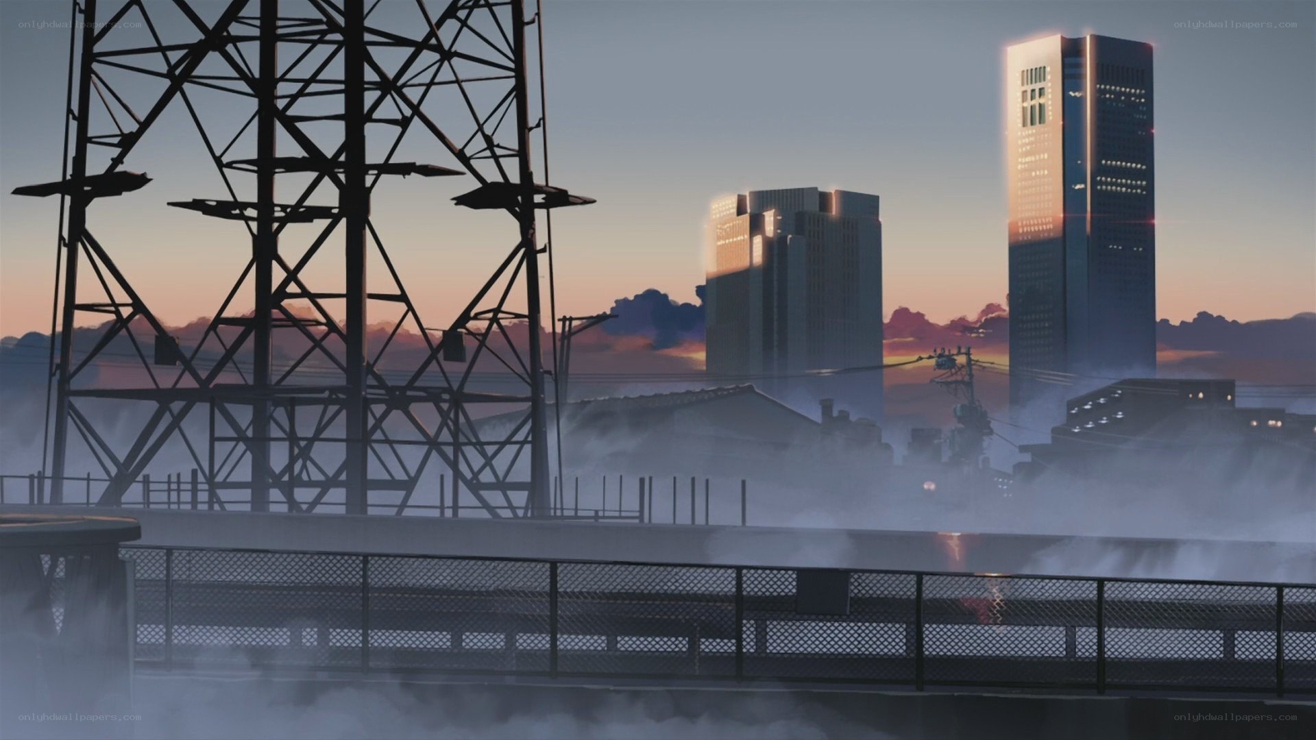 City skyline at dusk with steam