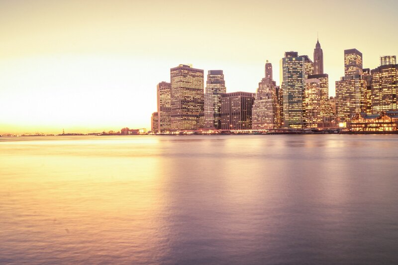 City Skyline at Dusk — Yellow, Serene, Sunset, Photograph