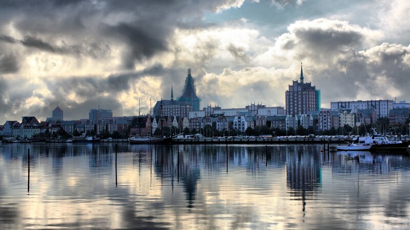 City Skyline at Harbor — Gray, Dramatic