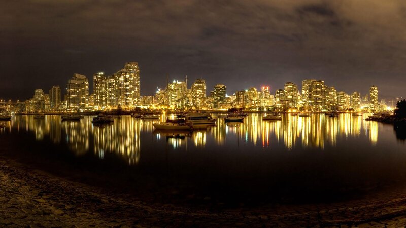 City Skyline at Night — Black, Calm, Photograph, Buildings, Boats