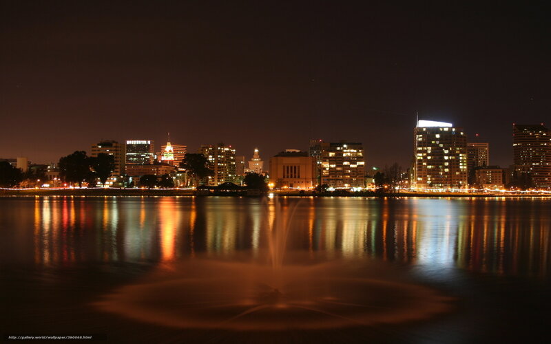 City Skyline at Night — Black, Calm, Photograph, Buildings, Fountain