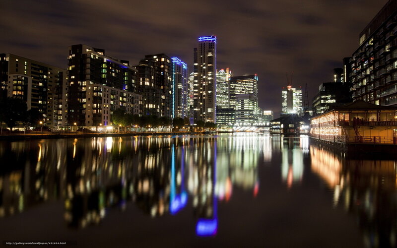 City Skyline at Night — Black, Calm, Photograph, Buildings, River, Lights, Reflection