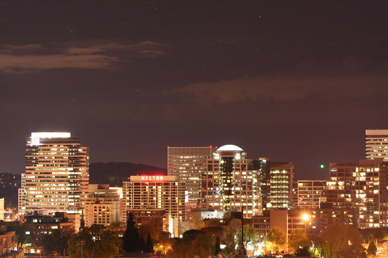 City Skyline at Night — Black, Calm, Photograph, Buildings, Trees, Clouds