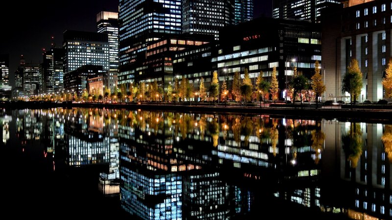 City Skyline at Night — Black, Calm, Photograph, Buildings, Trees