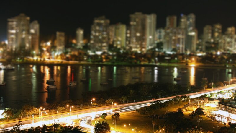 City Skyline at Night — Black, Calm, Photograph, River, Bridge, Buildings