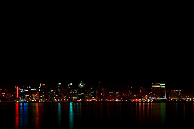 City Skyline at Night — Black, Dark, Photograph, Buildings, Bridge