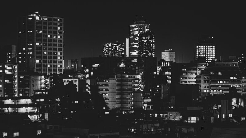 City Skyline at Night — Black, Dark, Photograph, Buildings, Lights, Skyscrapers