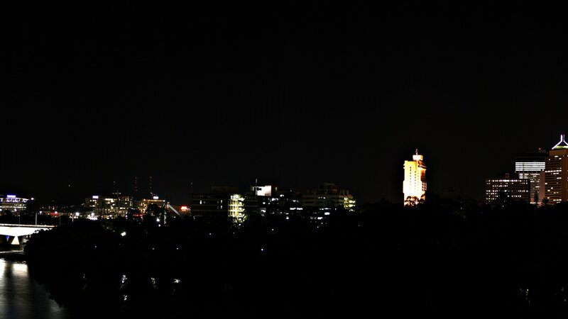 City Skyline at Night — Black, Dark, Photograph, Buildings, River, Bridge