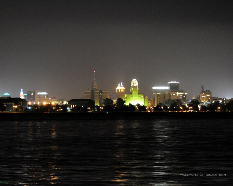 City Skyline at Night — Black, Dark, Photograph, Buildings, River, Lights